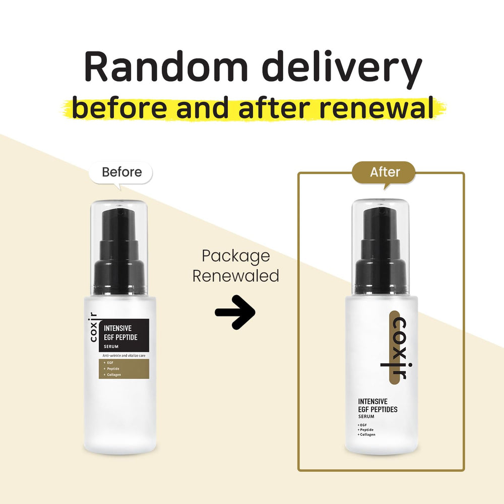 coxir Intensive EGF Peptides Serum ingredients highlights growth factor and peptide blend for renewal potential.