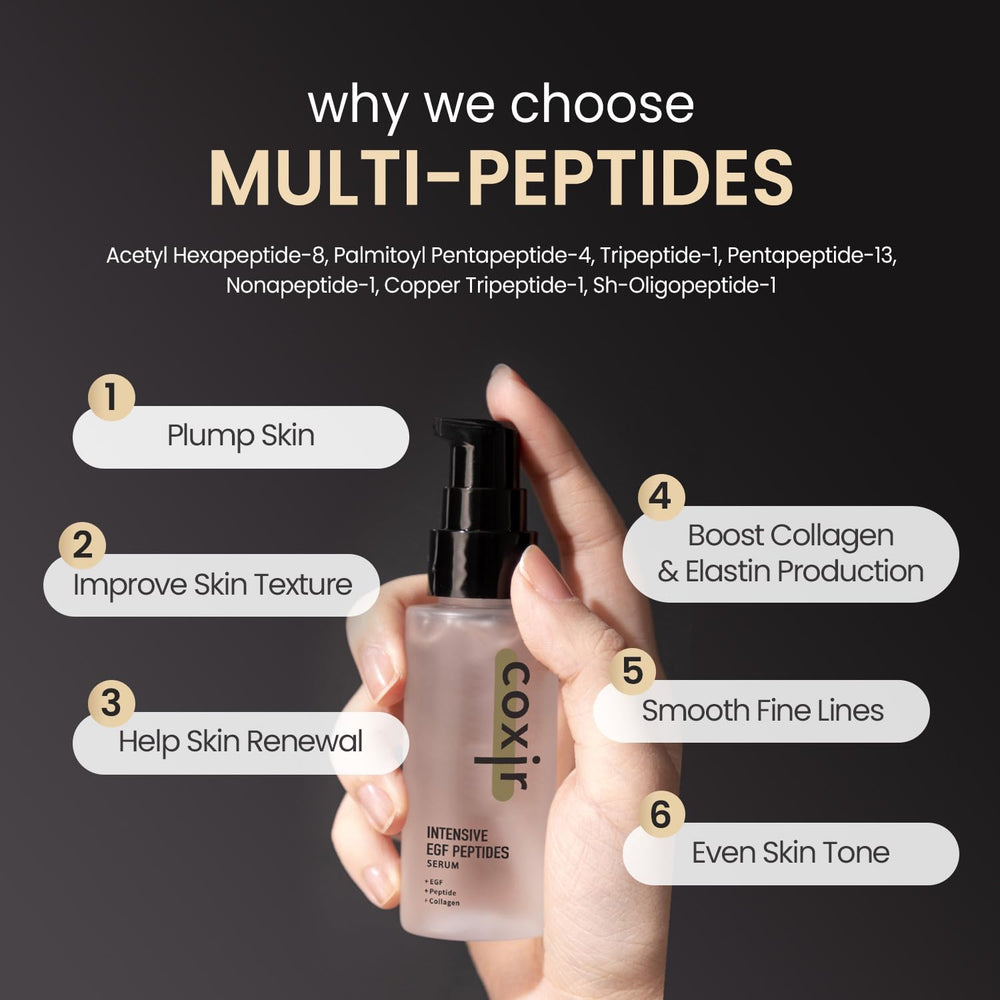 coxir Intensive EGF Peptides Serum packaging demonstrates cruelty-free, clean formula for sensitive skin.