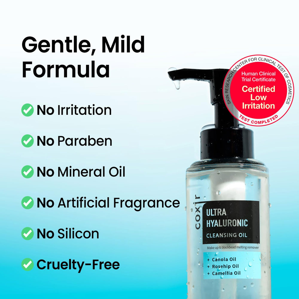 Coxir Ultra Hyaluronic Cleansing Oil vegan formula suitable for sensitive skin.