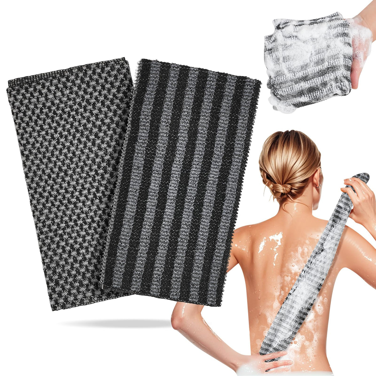 Coxotom Exfoliating Washcloth back-scrubber closeup shows easy reach for back exfoliation