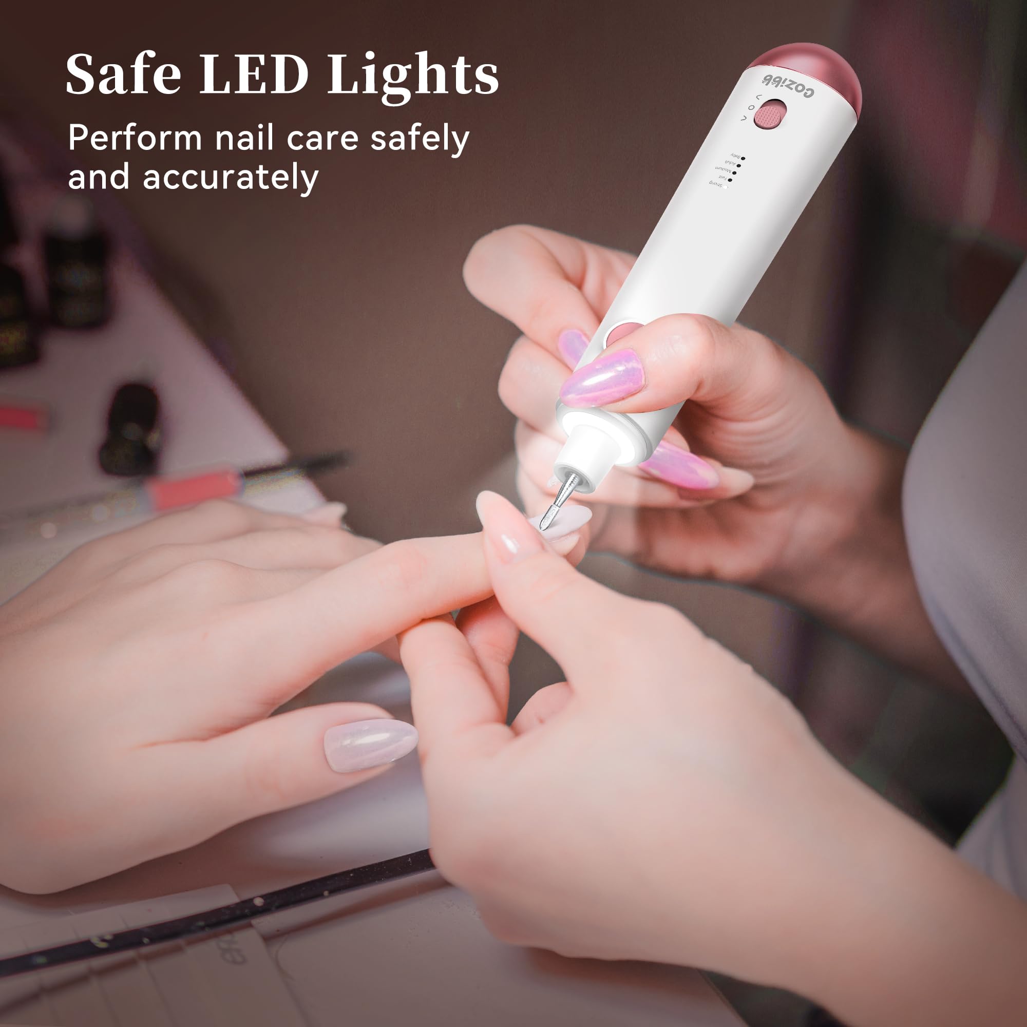 CoziBB nail drill shows dust cover and LED-lit precision.