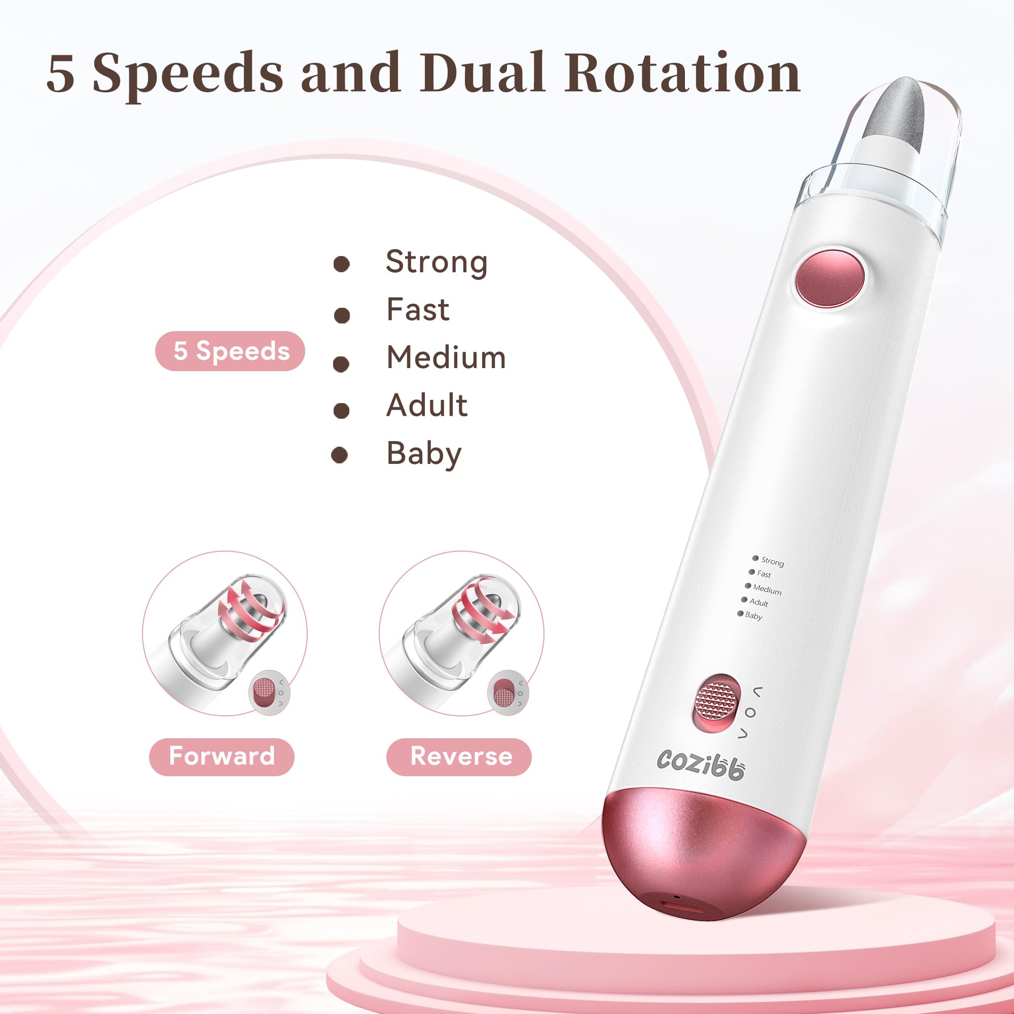 CoziBB electric nail drill speed dial shows 5 adjustable RPM levels.