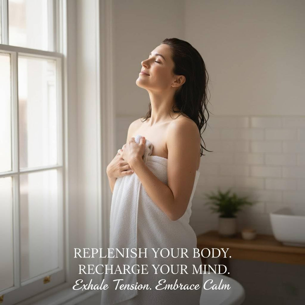 Cozy tub scene with Dr. Singha's mustard bath suggests warming comfort.