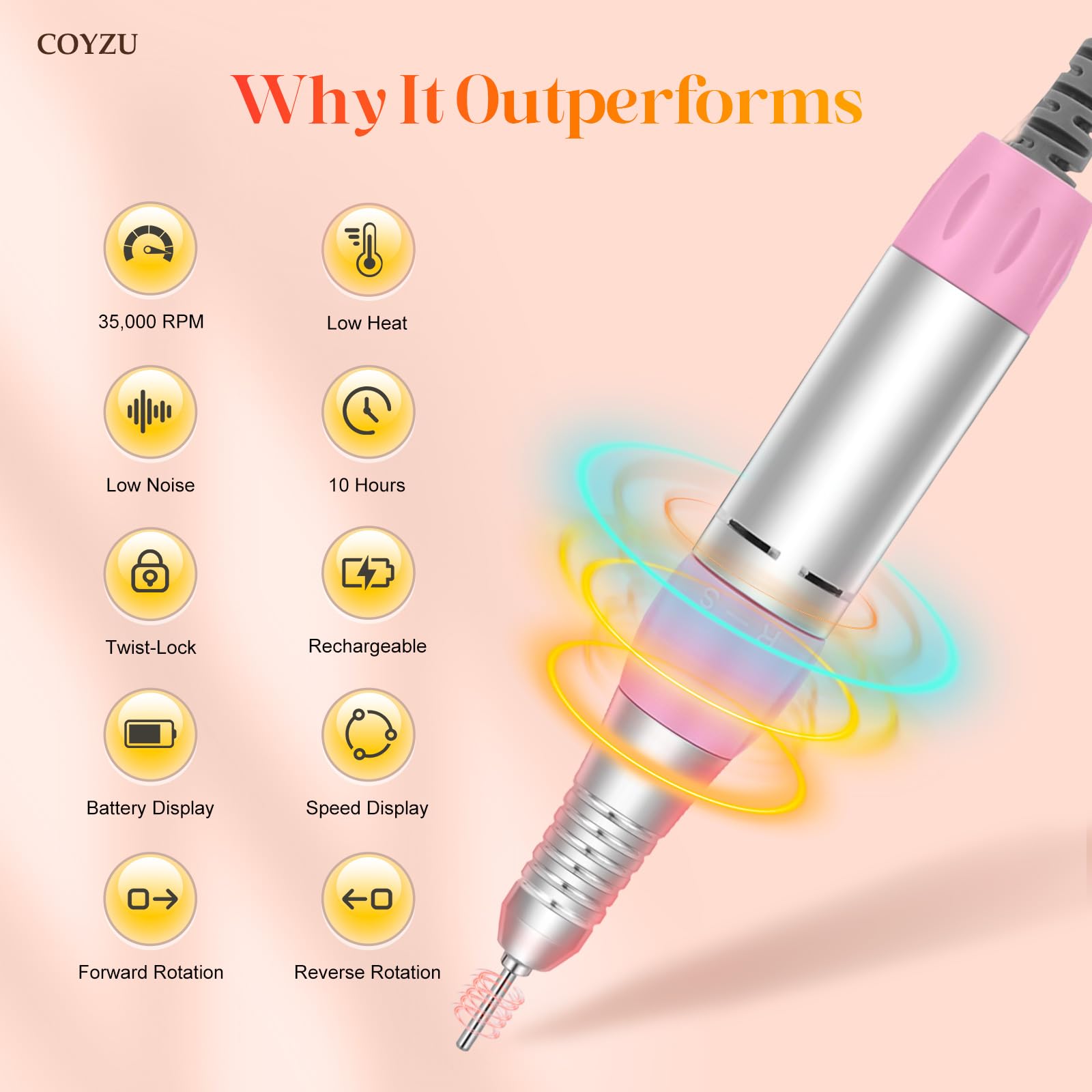 COYZU nail drill LCD display enables precise speed control for easy at-home manicures.
