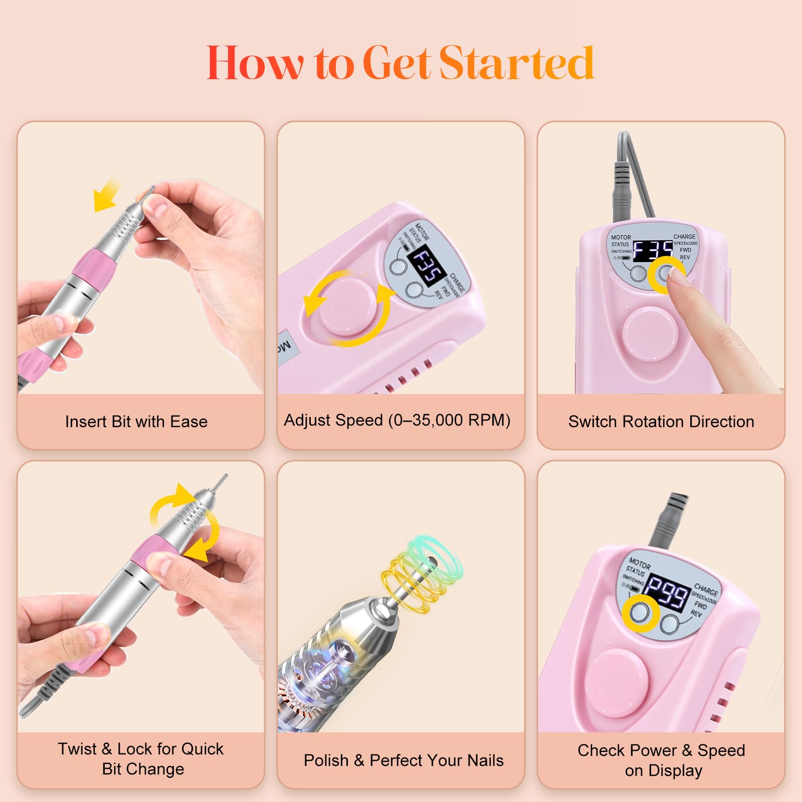 COYZU all-in-one kit shows 6 bits and 6 sanding bands for versatile shaping.
