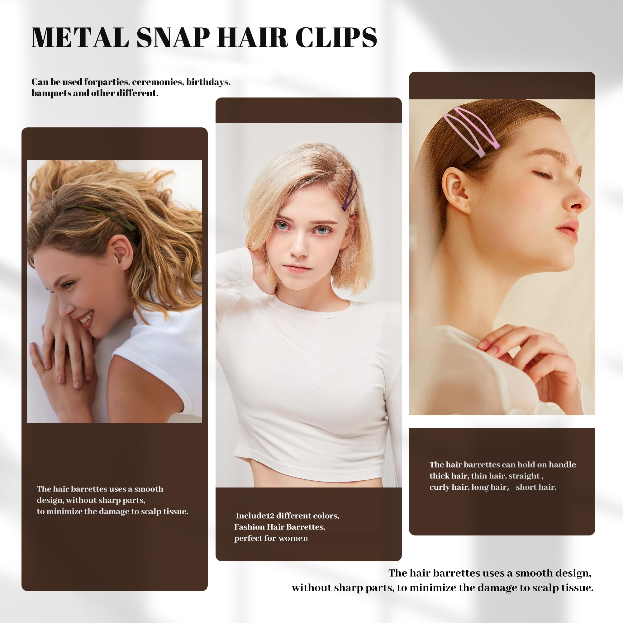 Cptots sturdy metal hair clips on hair demonstrating non-slip hold.