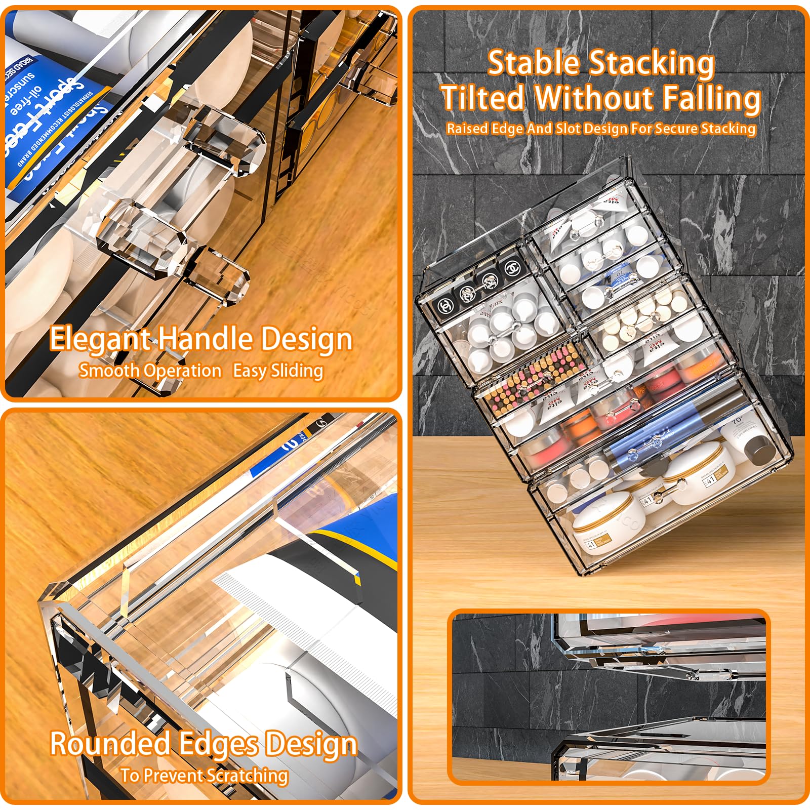 Cq acrylic 3-pack clear makeup organizer dorm-room vanity fit