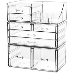 Cq acrylic 3-pack clear makeup organizer top view shows stackable drawers for vanity storage