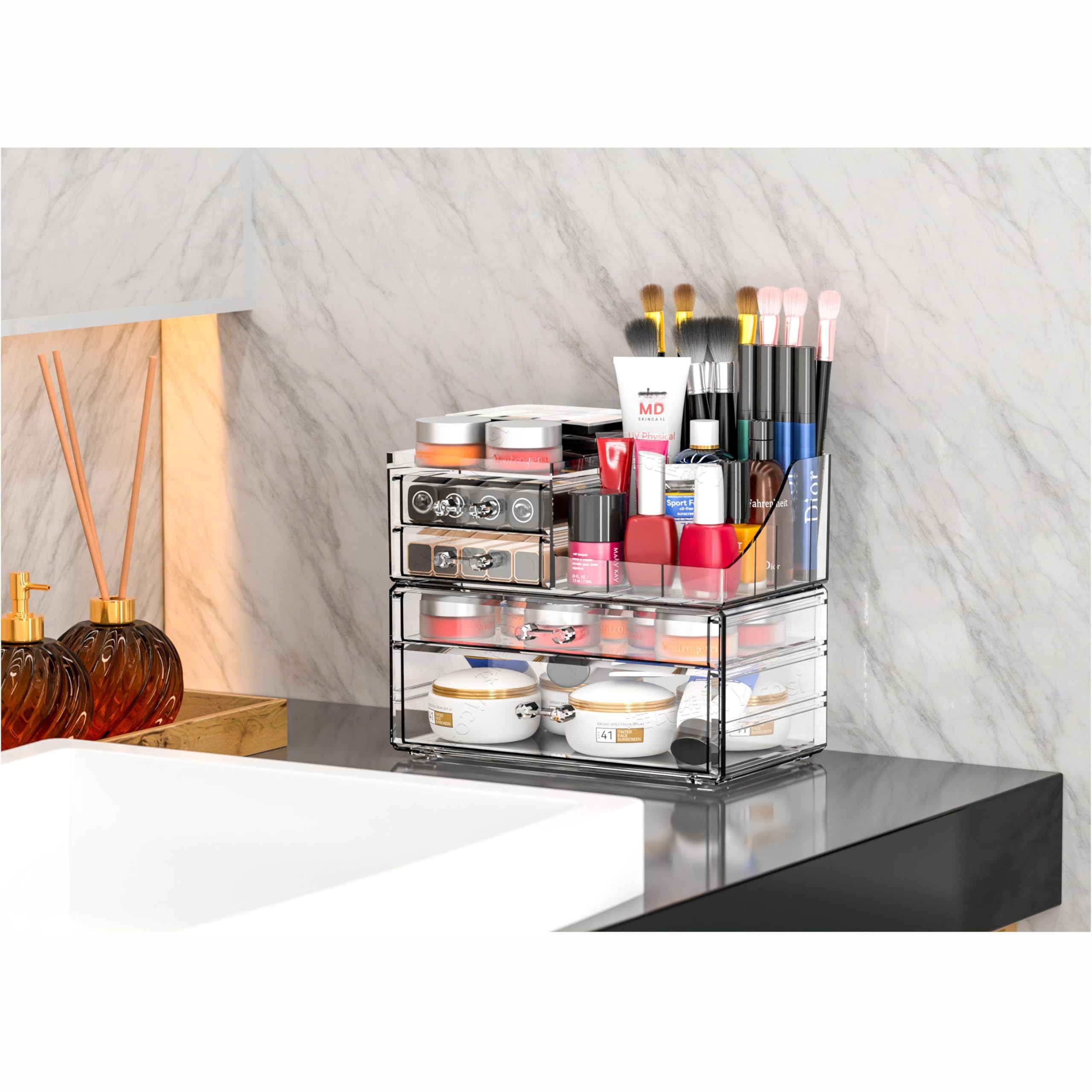 Cq acrylic clear cosmetic storage drawer closeup highlights transparent design for visible skincare products.