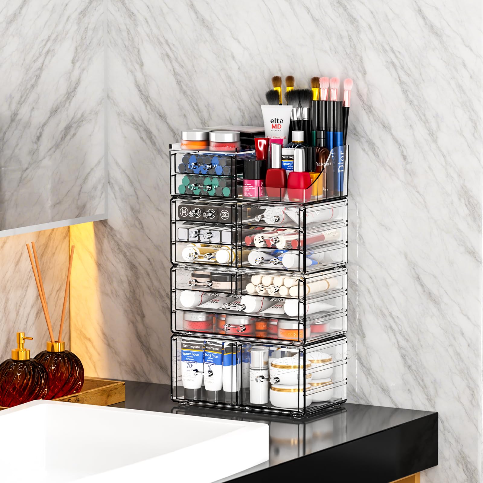 Cq acrylic clear drawer closeup emphasizes transparent sections for quick makeup retrieval