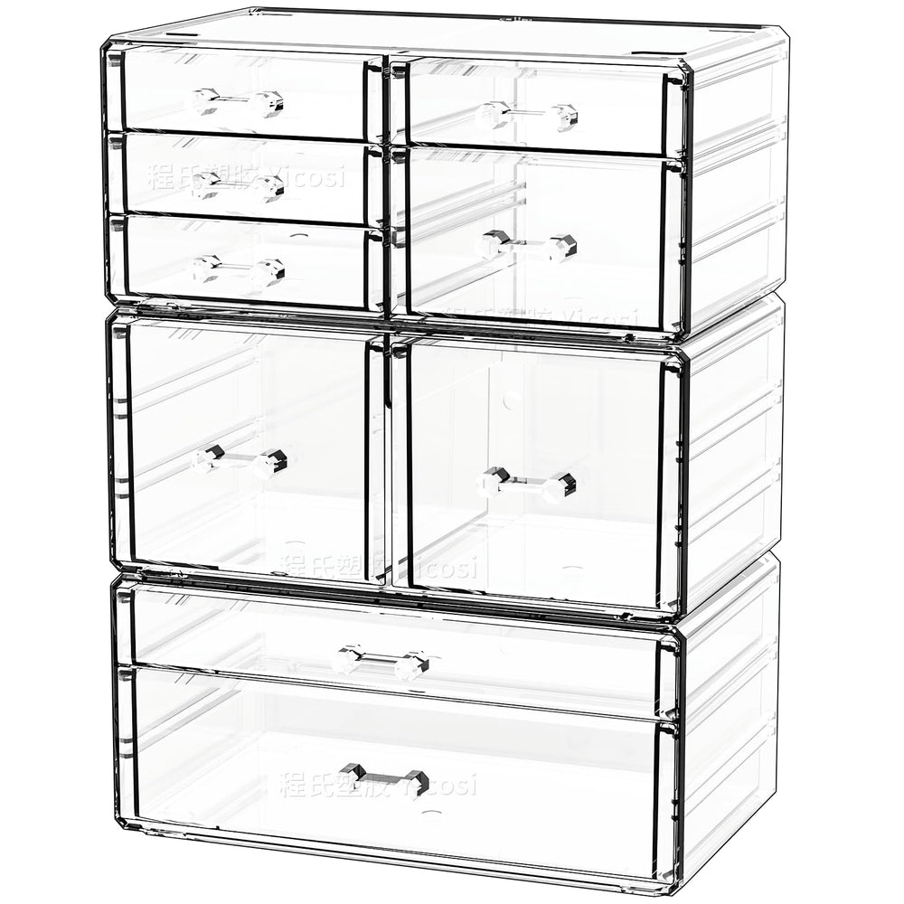 Cq acrylic clear 9-drawer setup for cosmetics on a vanity.