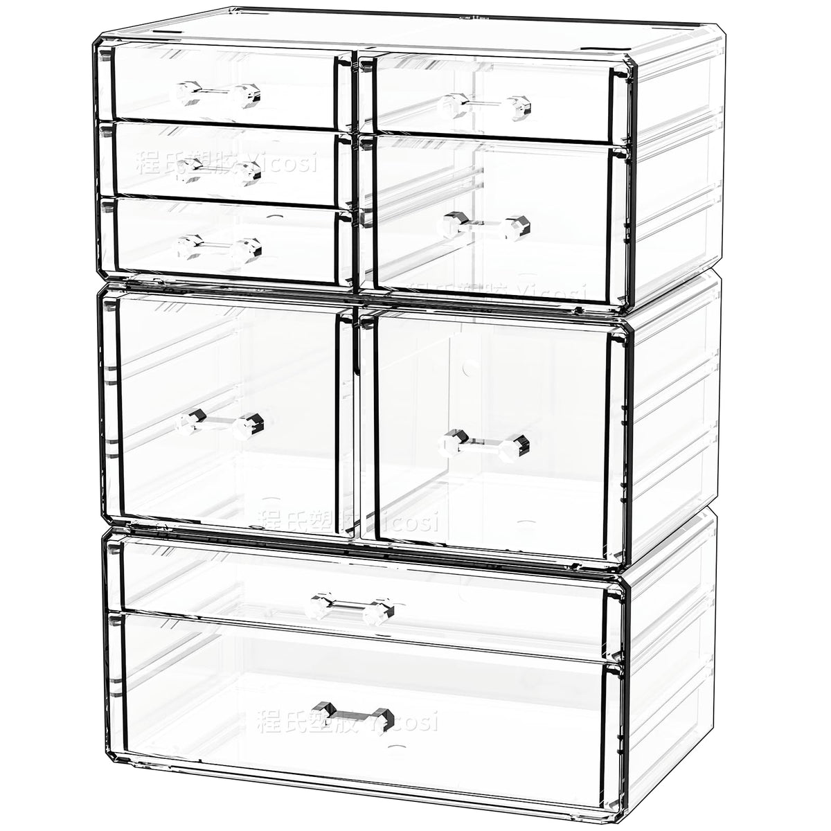 Cq acrylic clear 9-drawer setup for cosmetics on a vanity.