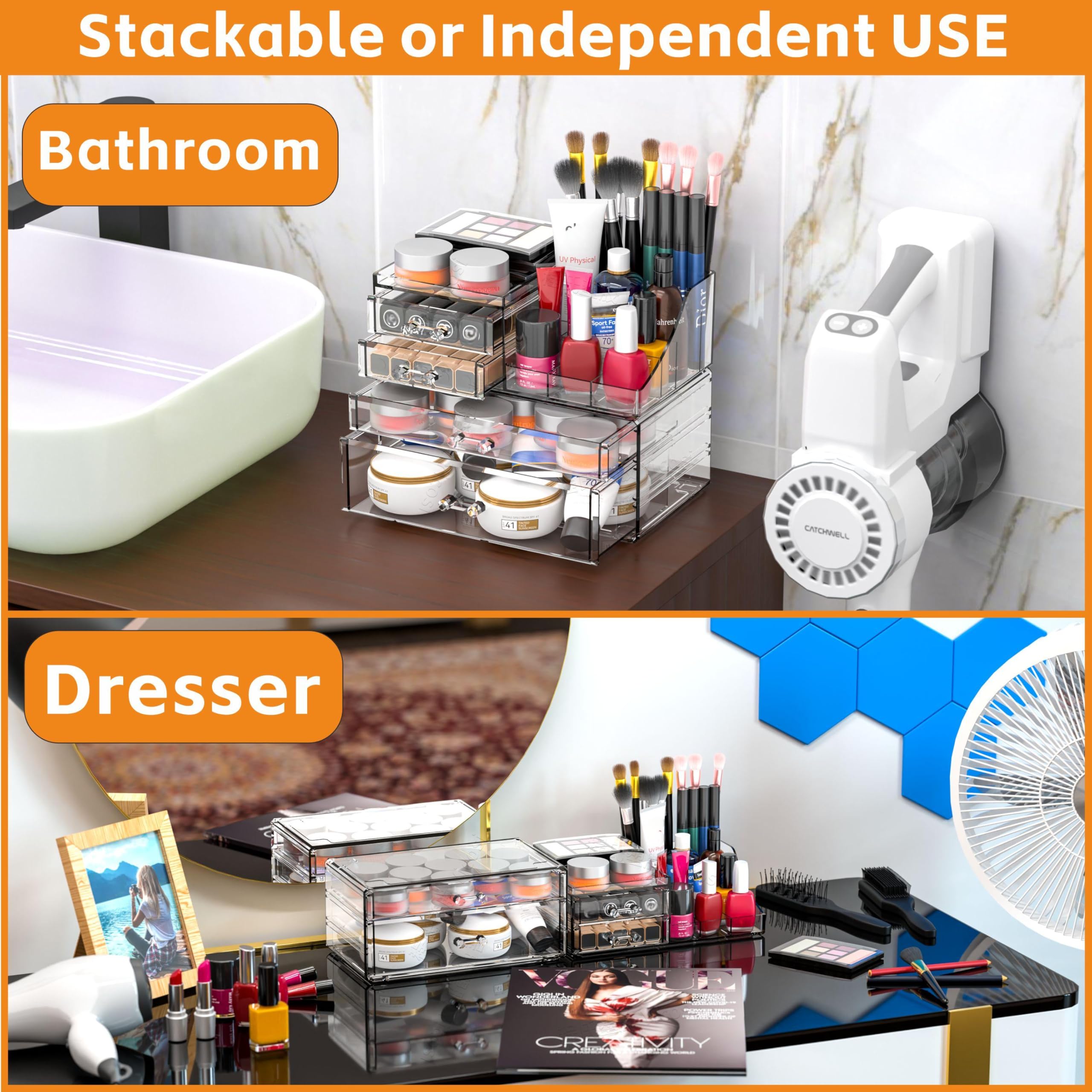 Cq acrylic dresser top vanity organizer keeps cosmetics neatly arranged on a modern surface.