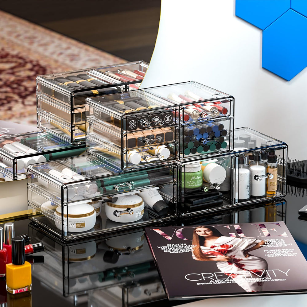 Cq acrylic makeup organizer with drawer compartments for lipsticks and palettes.