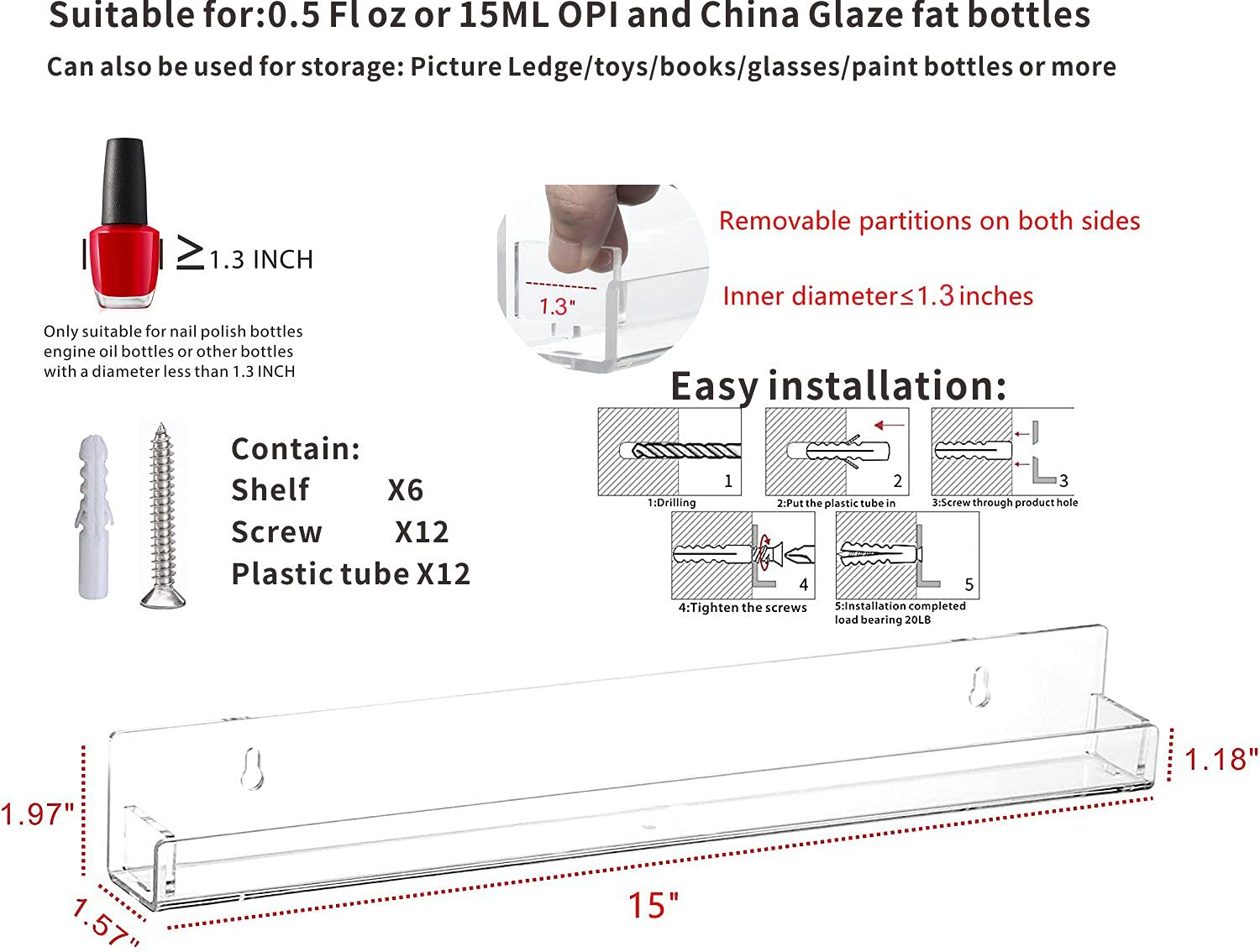 Cq acrylic nail shelves show 15 inch length for efficient wall storage in salons