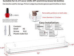 Cq acrylic nail shelves show 15 inch length for efficient wall storage in salons