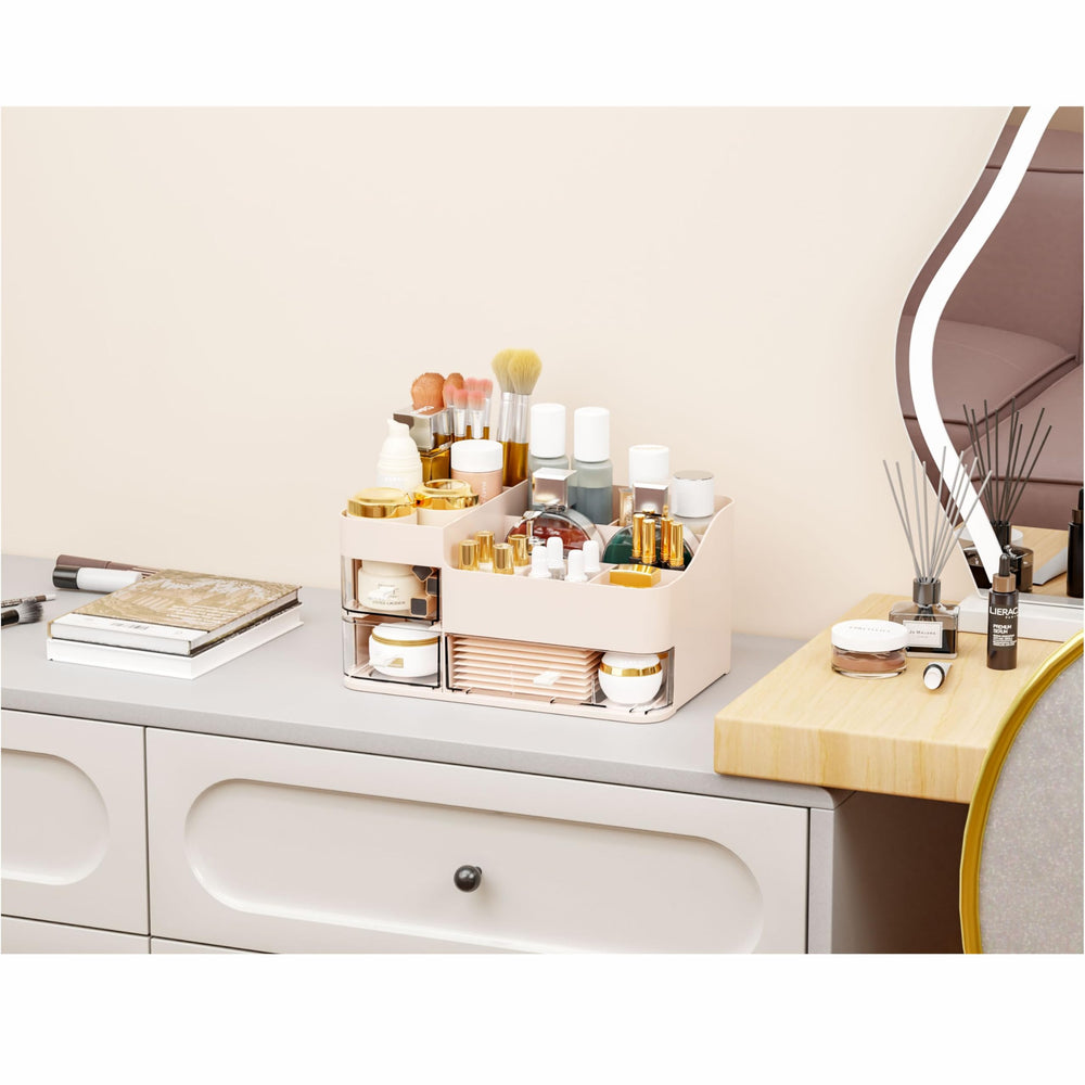 Cq Acrylic pink bathroom counter organization layout illustrates versatile countertop storage.