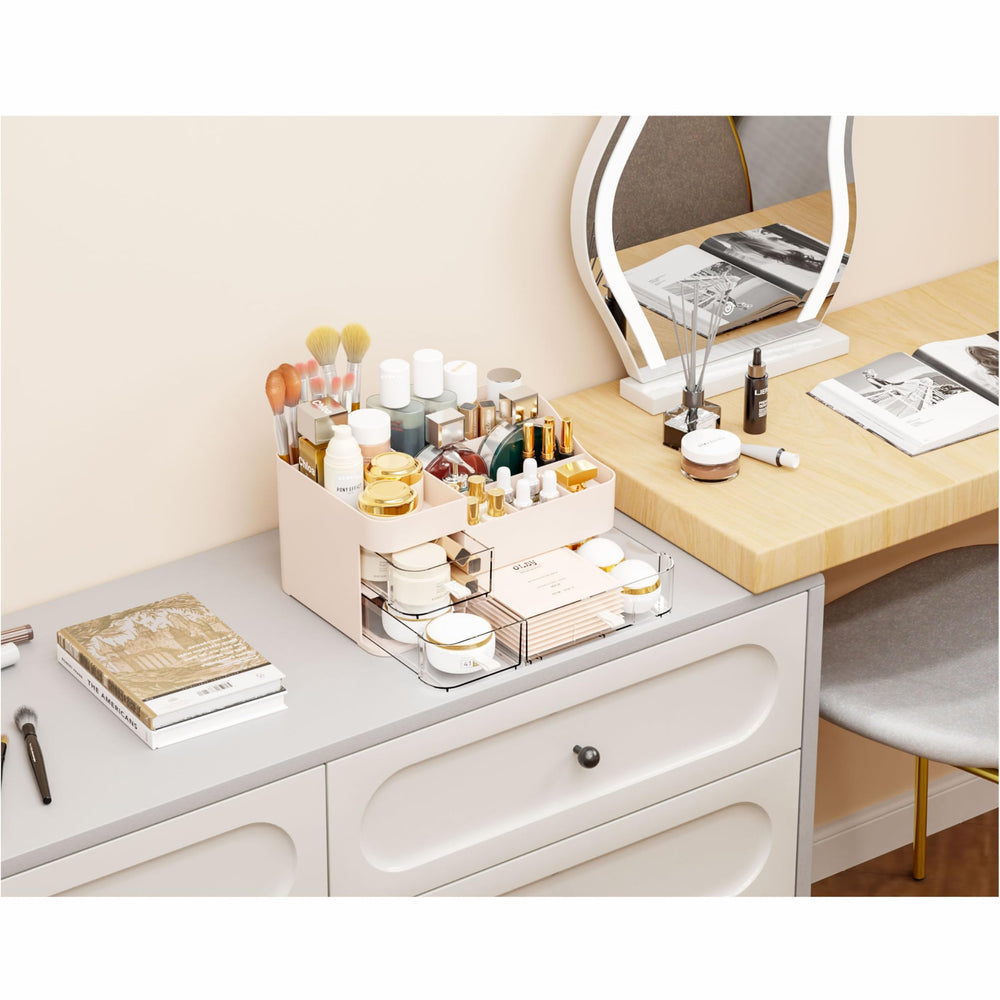 Cq Acrylic pink brush holder view demonstrates tidy makeup brush organization.