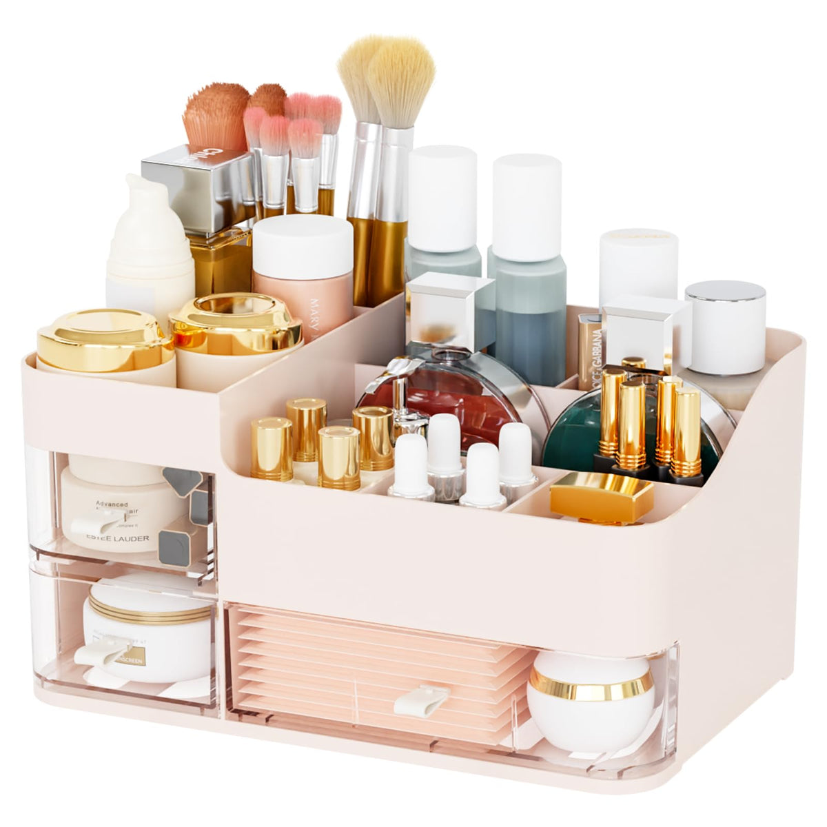 Cq Acrylic pink makeup organizer with three drawers keeps cosmetics neatly accessible.