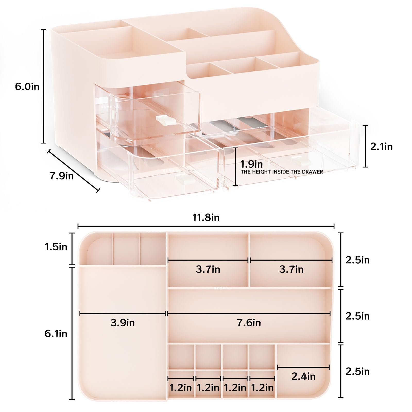 Cq Acrylic pink vanity organizer top-view highlights three drawers and curved silhouette.