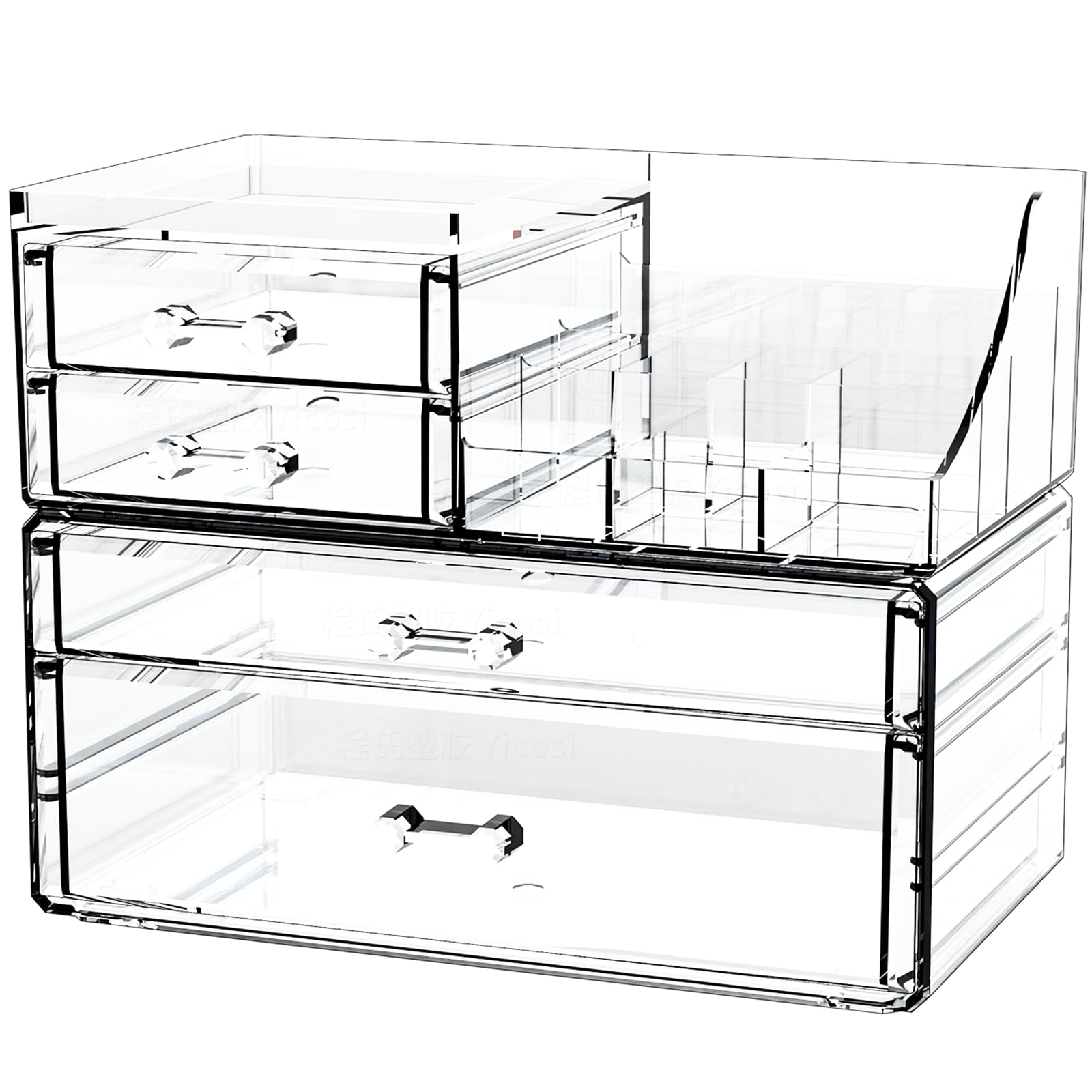 Cq acrylic small makeup organizer with four drawers, perfect for compact vanity storage and easy access.