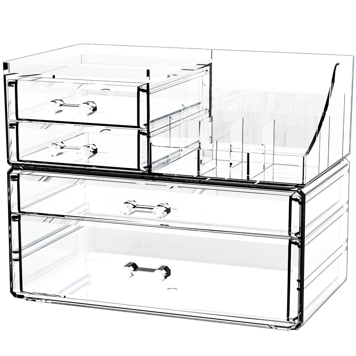 Cq acrylic small makeup organizer with four drawers, perfect for compact vanity storage and easy access.