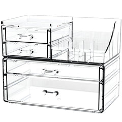 Cq acrylic small makeup organizer with four drawers, perfect for compact vanity storage and easy access.