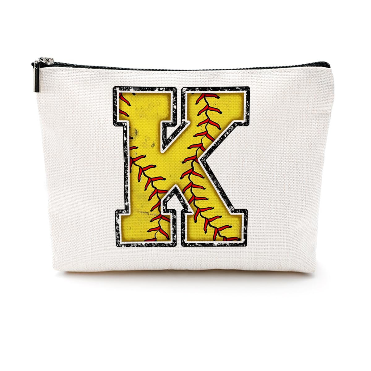 CQM Softball Gifts Initial Makeup Bag, yellow K, front view for organized cosmetics.