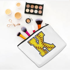 CQM Softball Gifts Initial Makeup Bag, yellow K interior waterproof coating protects items.