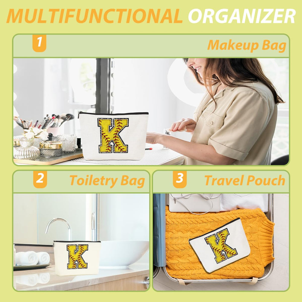 CQM Softball Gifts Initial Makeup Bag, yellow K monogram detail adds personal style.