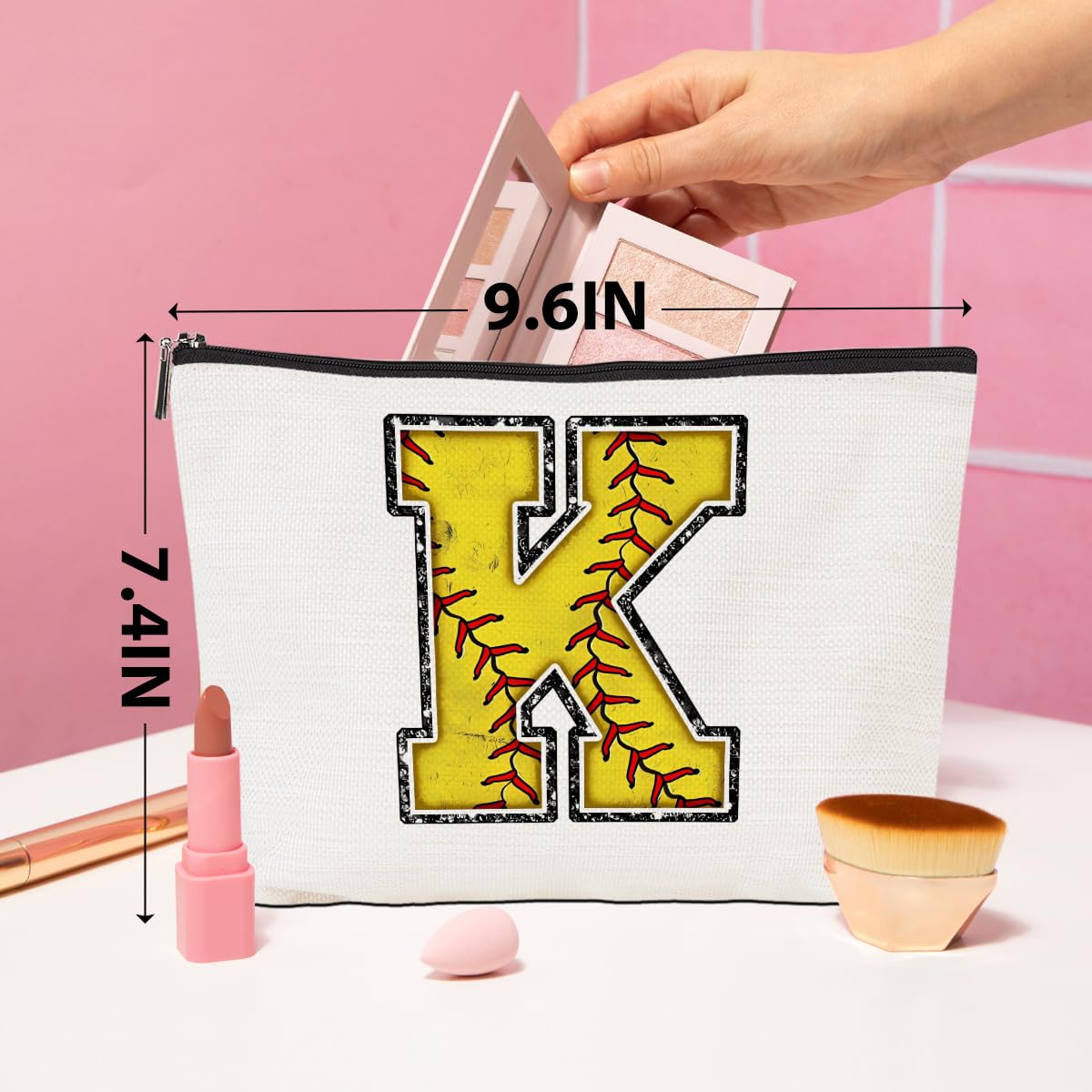 CQM Softball Gifts Initial Makeup Bag, yellow K side pocket detail for organization.