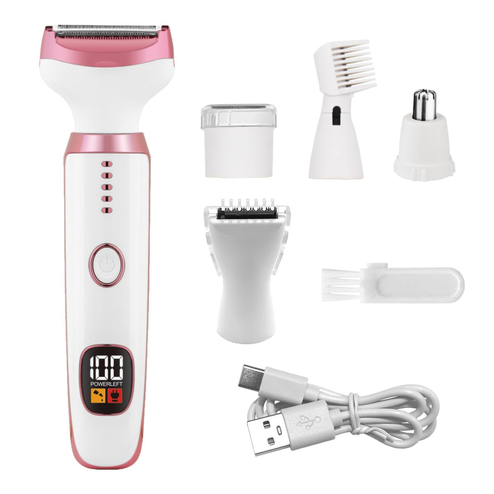 Cqxfsgr 5-in-1 heads closeup highlighting customizable shaving for face, arms, legs, and bikini