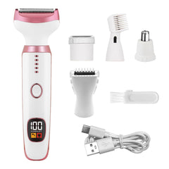 Cqxfsgr 5-in-1 heads closeup highlighting customizable shaving for face, arms, legs, and bikini