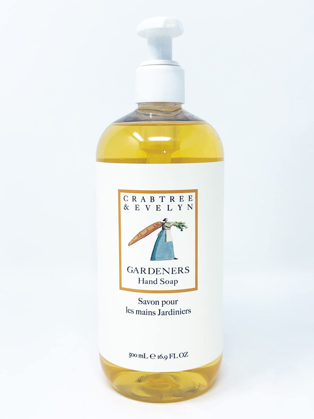 Crabtree & Evelyn Gardeners hand soap bottle front highlighting herbal cleansing.