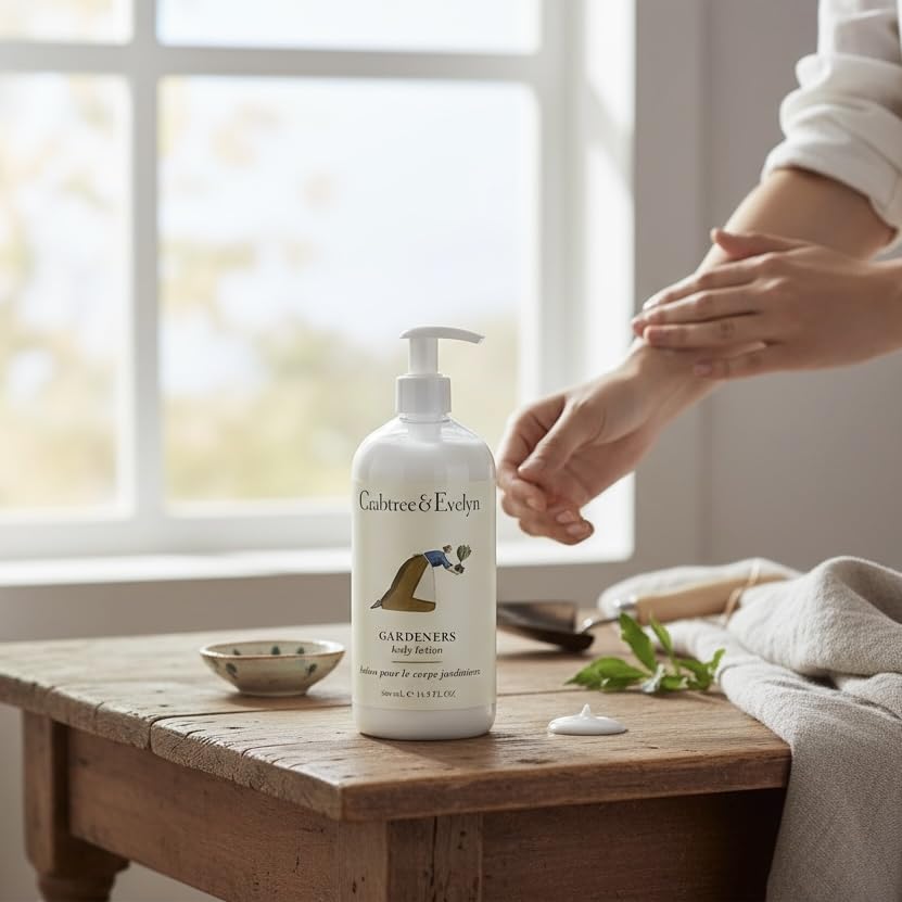 Crabtree & Evelyn Gardeners Lotion being applied for a lightweight, non-greasy touch.