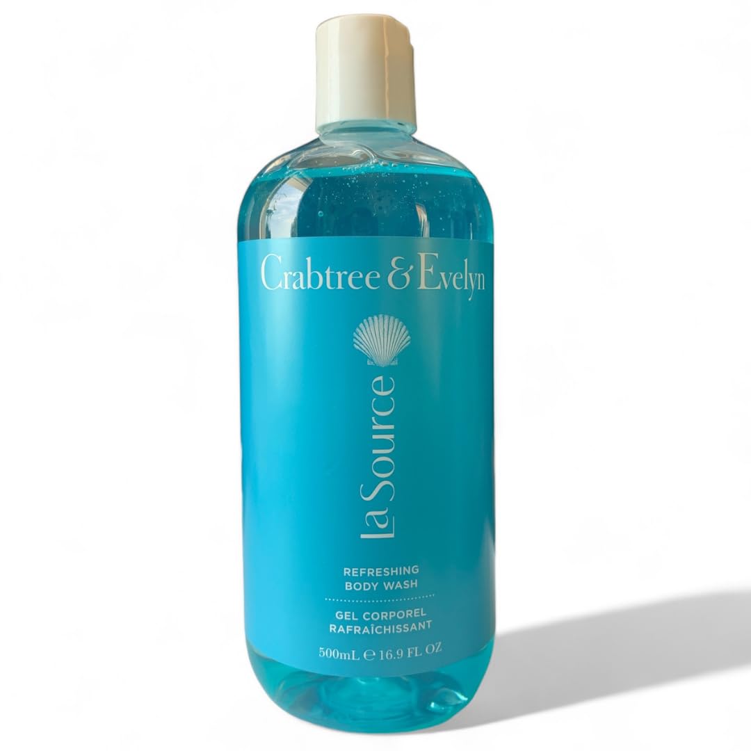 Crabtree & Evelyn La Source refreshing body wash bottle closeup for revitalizing cleanse.