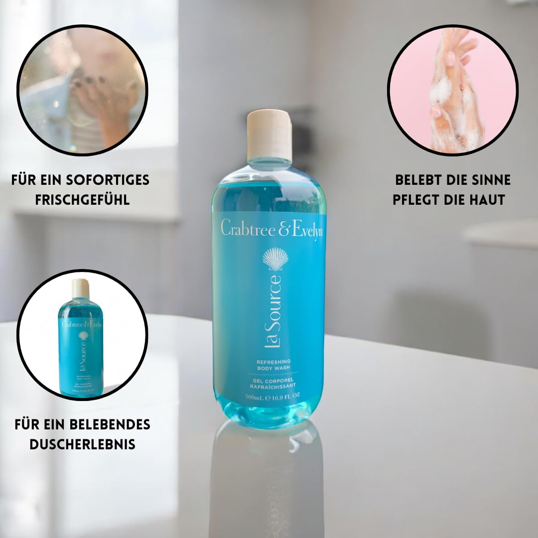 Crabtree & Evelyn La Source body wash lather scene releasing ocean-inspired fragrance for spa-like refreshment.