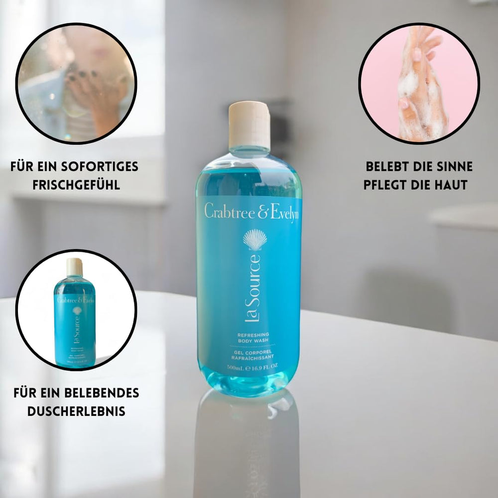 Crabtree & Evelyn La Source body wash lather scene releasing ocean-inspired fragrance for spa-like refreshment.