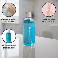 Crabtree & Evelyn La Source body wash lather scene releasing ocean-inspired fragrance for spa-like refreshment.