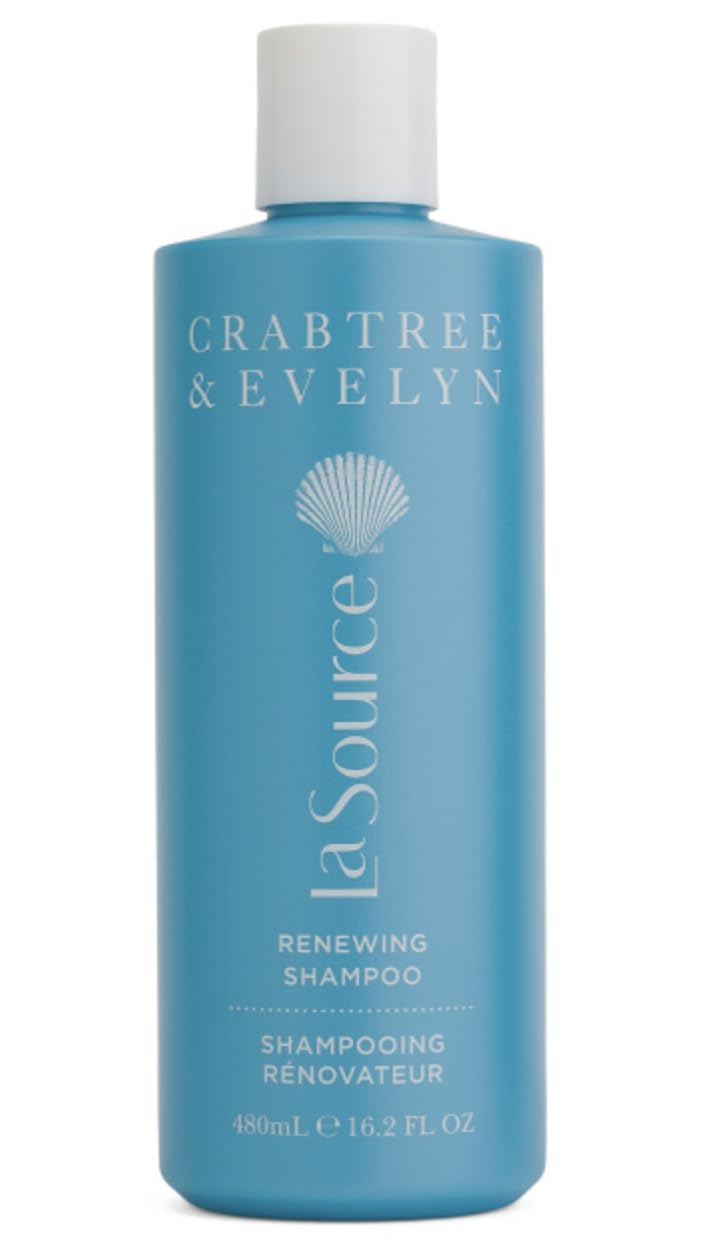 Crabtree & Evelyn La Source Renewing Shampoo bottle close-up for refreshed scalp and shinier hair