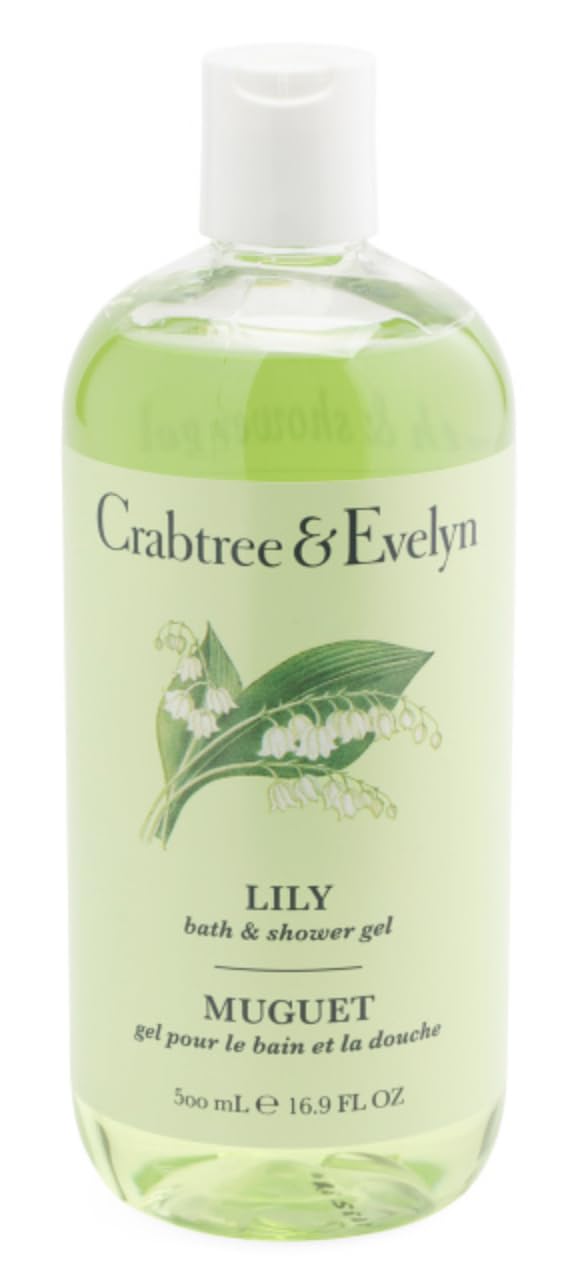 Crabtree & Evelyn Lily bottle pour shows a nourishing cleanse with botanical oils for soft skin.