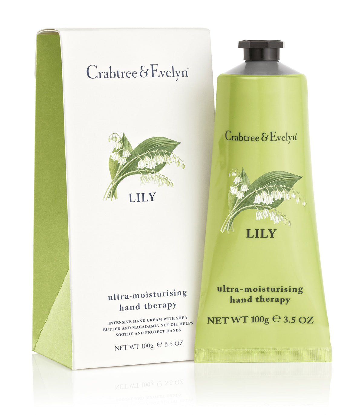 Crabtree & Evelyn Lily Hand Therapy bottle close-up showing rich moisture for smoother skin