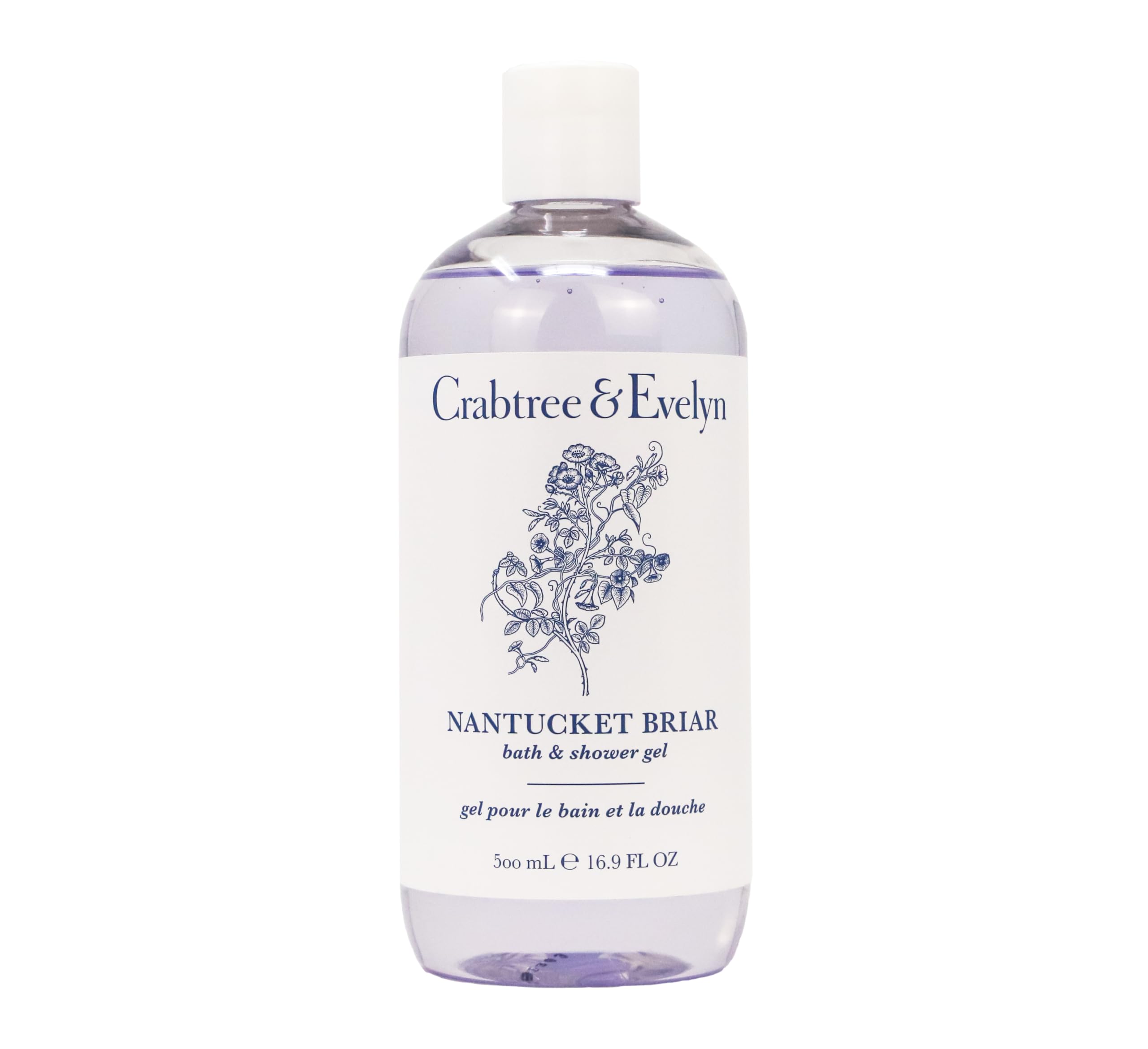 Crabtree & Evelyn Nantucket Briar bath gel bottle pouring, ideal for a refreshing shower ritual