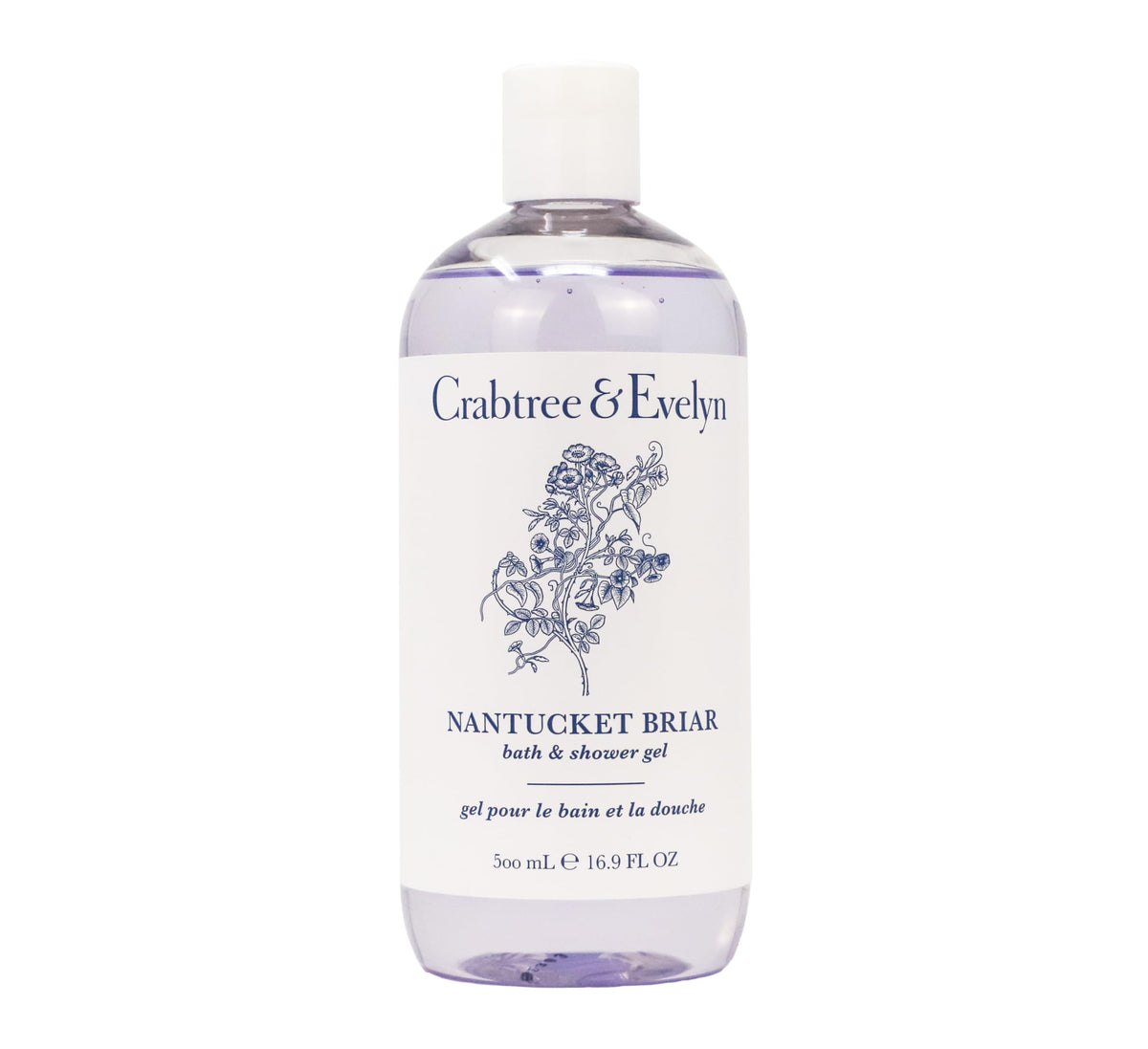Crabtree & Evelyn Nantucket Briar bath gel bottle pouring, ideal for a refreshing shower ritual