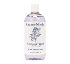 Crabtree & Evelyn Nantucket Briar bath gel bottle pouring, ideal for a refreshing shower ritual