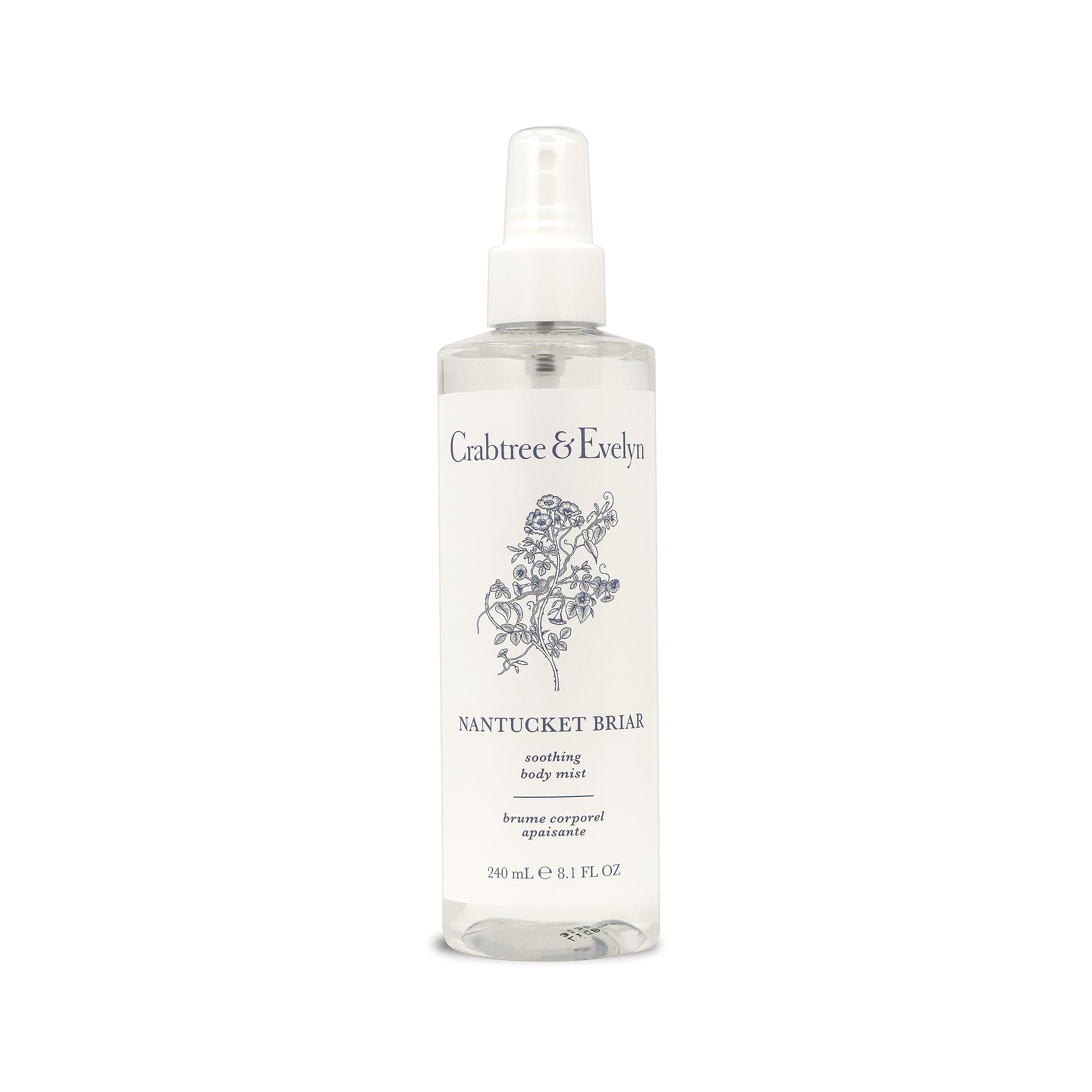 Crabtree and Evelyn Nantucket Briar body mist bottle on a vanity for everyday refreshment.