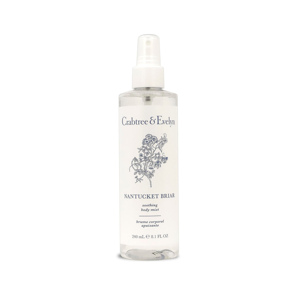 Crabtree and Evelyn Nantucket Briar body mist bottle on a vanity for everyday refreshment.