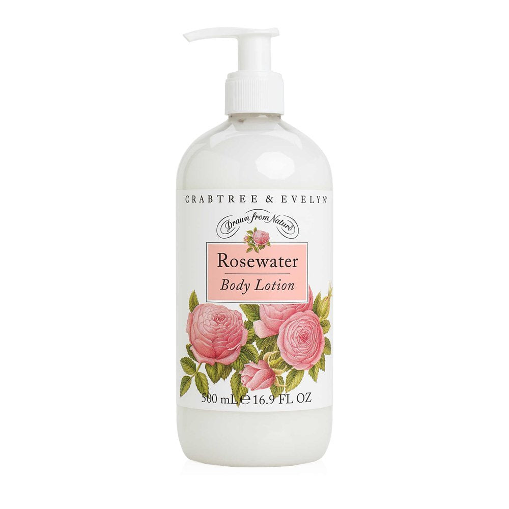 Crabtree & Evelyn Rosewater Body Lotion bottle delivers lightweight hydration and a subtle rose scent for daily pampering.
