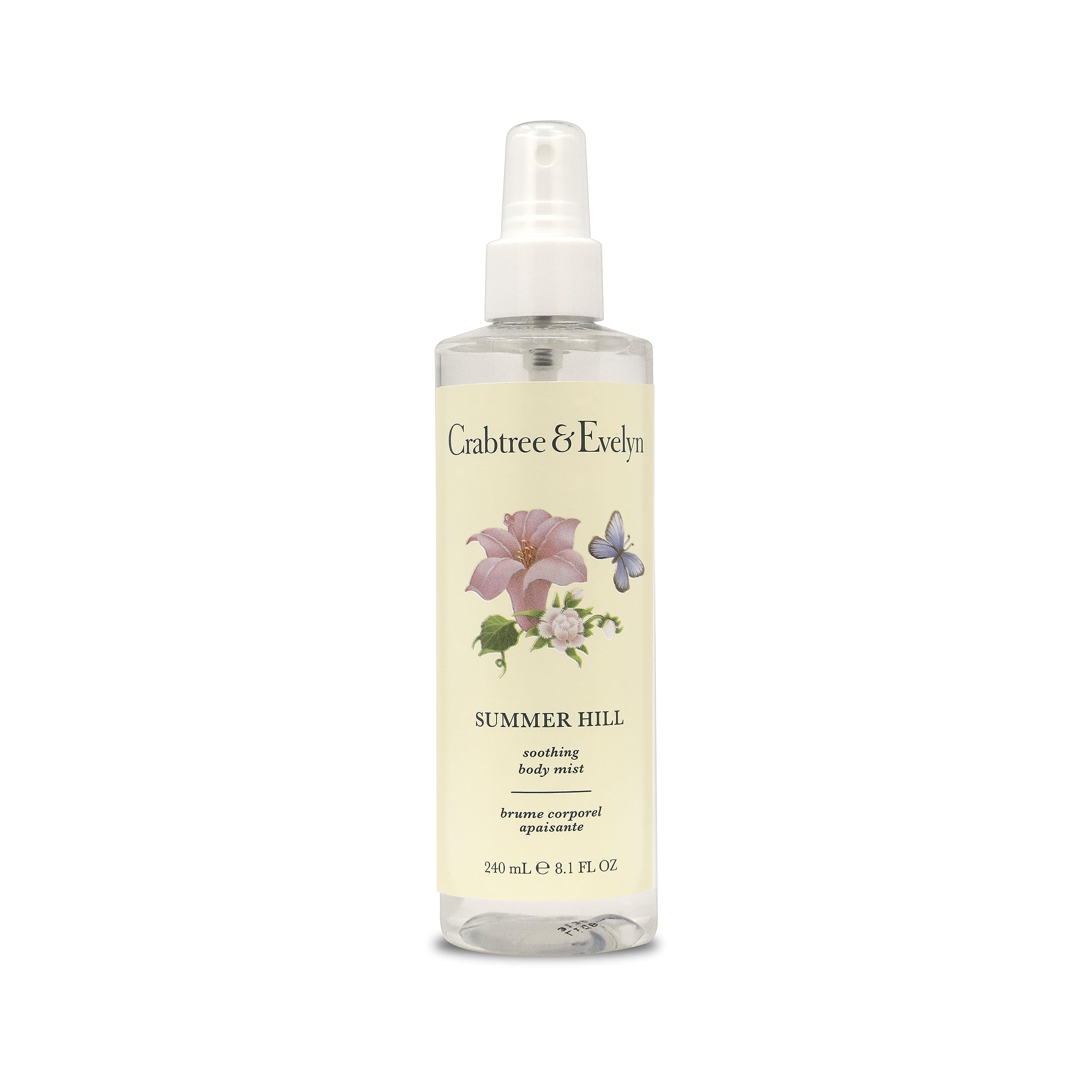 Crabtree & Evelyn Summer Hill Body Mist spray bottle for lightweight hydration and floral fragrance.