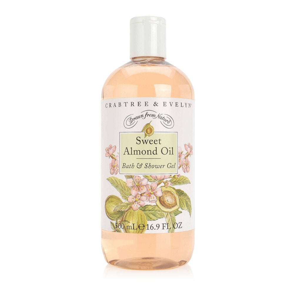 Crabtree & Evelyn Sweet Almond Bath Gel bottle provides hydrating lather for skin conditioning during daily use.